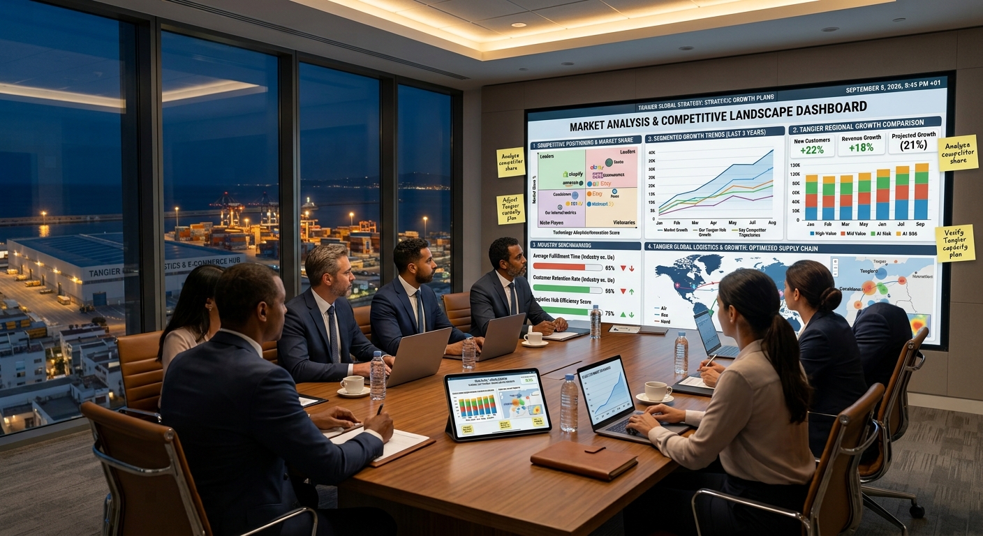 Market analysis dashboard showing competitive landscape mapping with growth charts and industry benchmarking data